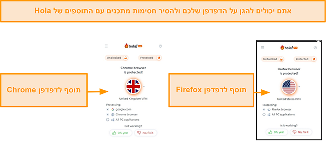 צילום מסך של הרחבות הדפדפן Chrome ו- Firefox של Hola VPN