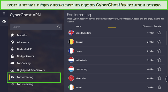 צילום מסך של אפליקציית Windows של CyberGhost עם רשימת שרתי הטורנט מודגשת.