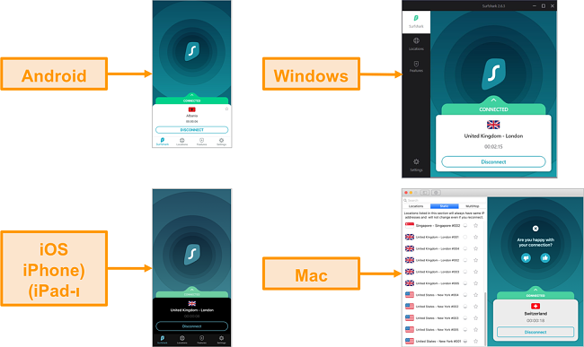 צילומי מסך של ממשק Surfshark על 4 מכשירים שונים