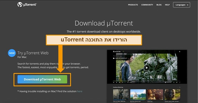 צילום מסך של דף ההורדה של לקוח uTorrent