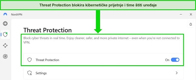 Snimka zaslona NordVPN-ove Windows aplikacije koja pokazuje da je značajka zaštite od prijetnji uvijek uključena.