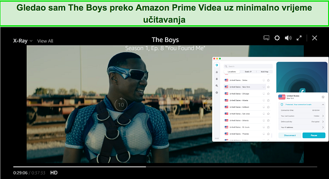 Snimka zaslona The Boysa koji igraju na Amazon Prime sa Surfsharkom povezanim s američkim poslužiteljem