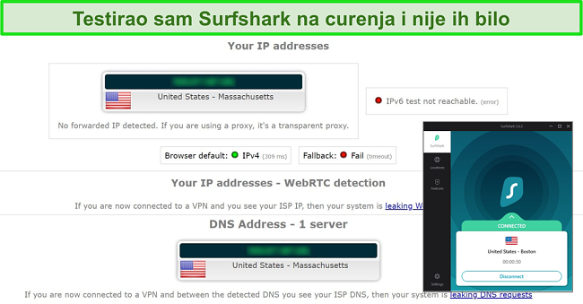 Snimka zaslona rezultata ispitivanja curenja s Surfsharkom povezanim s američkim poslužiteljem