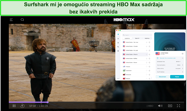 Snimka zaslona Game of Thrones koja se emitira na HBO Maxu i Surfsharku povezanom s američkim poslužiteljem
