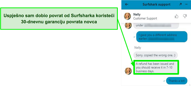 Snimka zaslona Surfshark chata uživo i zahtjeva za povrat novca