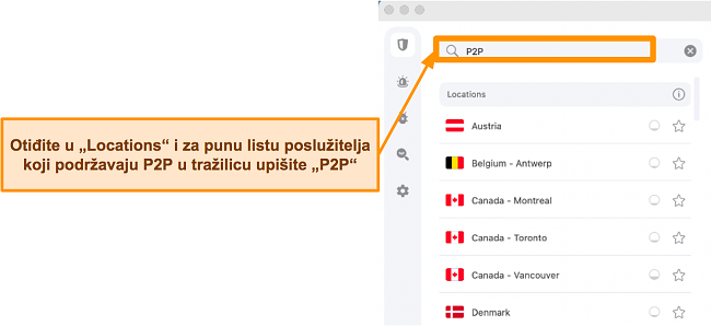 Snimka zaslona Surfsharkovih P2P poslužitelja na Mac aplikaciji