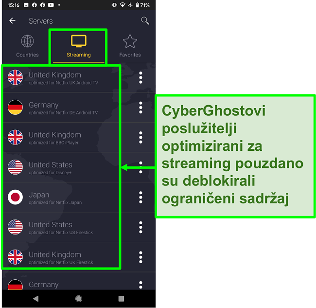 Snimka zaslona poslužitelja optimiziranih za strujanje CyberGhosta