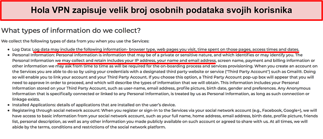 Snimka zaslona Hola VPN pravila o privatnosti koja prikazuje IP adresu