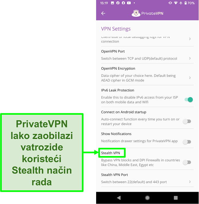 Snimka zaslona PrivateVPN Android aplikacije koja prikazuje Stealth VPN značajku koja pomaže zaobići VPN blokove