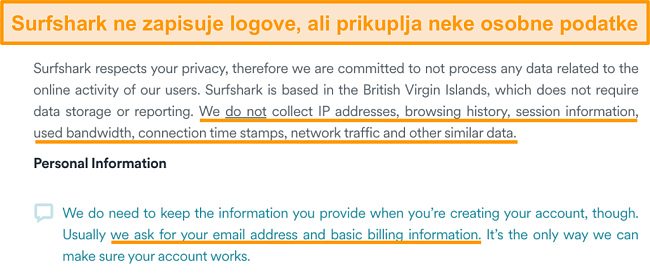 Snimka zaslona politike privatnosti tvrtke Surfshark