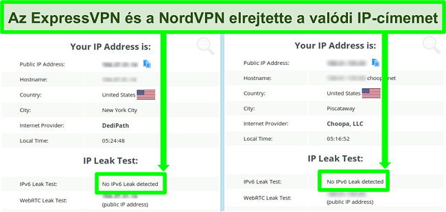 Képernyőkép, amelyen nem észleltek IPv6-szivárgást mind a NordVPN, mind az ExpressVPN esetében