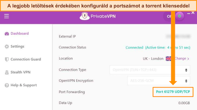 Képernyőkép a PrivateVPN Windows alkalmazásáról, amely a véletlenszerűen hozzárendelt portszámot mutatja, amely torrent klienssel konfigurálható a jobb letöltések érdekében