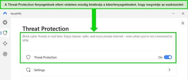 A NordVPN Windows-alkalmazásának képernyőképe, amely azt mutatja, hogy a fenyegetésvédelem funkció mindig be van kapcsolva.