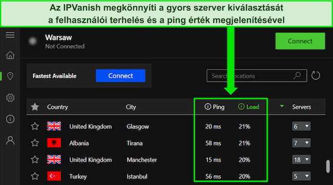 Képernyőkép az IPVanish Windows alkalmazásáról, amelyen a ping és a szerver betöltési adatai láthatók a szerver menüjében