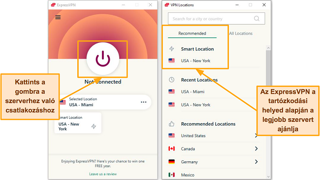 Képernyőkép az ExpressVPN csatlakozási oldalairól és a szerverlistáról