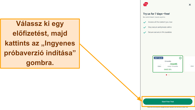 Képernyőkép a tervválasztási oldalról, az 