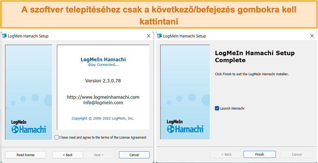 Képernyőkép a LogMeIn Hamachi telepítési folyamatáról