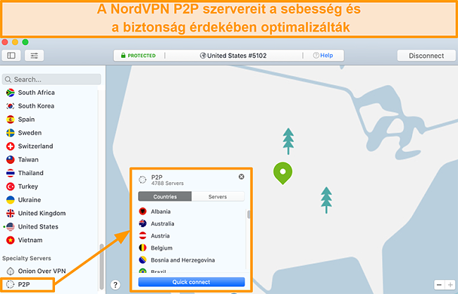 Pillanatkép a NordVPN P2P szervereiről a Mac alkalmazásban