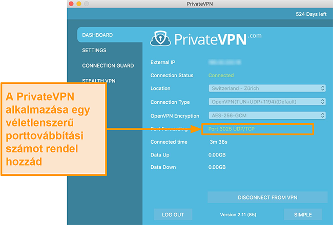 A PrivateVPN képernyőképe a port átirányítási számmal látható a Mac alkalmazásban