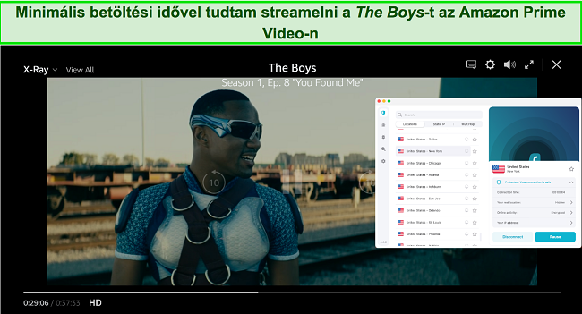 Képernyőkép arról, hogy a The Boys az Amazon Prime-on játszik, miközben a Surfshark csatlakozik egy amerikai szerverhez