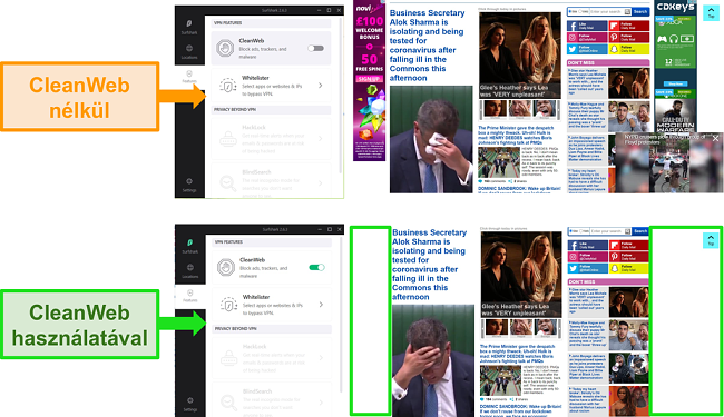 A Daily Mail webhelyének képernyőképei a Surfshark CleanWeb szolgáltatásával blokkolják az összes hirdetést