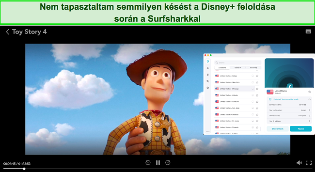 Képernyőkép a Toy Story 4 streameléséről a Disney+-on, miközben a Surfshark csatlakozik egy amerikai szerverhez