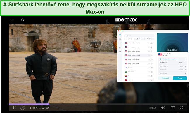 Képernyőkép a Game of Thrones streameléséről az HBO Max-on és a Surfsharkon egy amerikai szerverhez csatlakoztatva