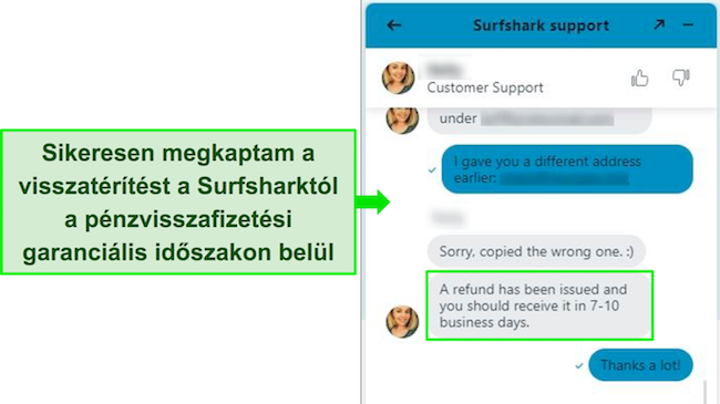 Képernyőkép a Surfshark élő csevegésről és egy visszatérítési kérelemről