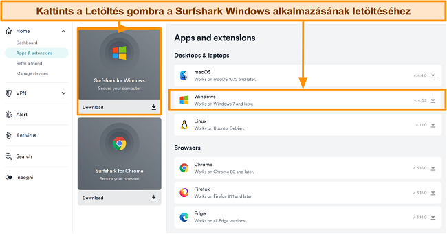 Képernyőkép a Surfshark kompatibilis eszközök letöltési oldaláról
