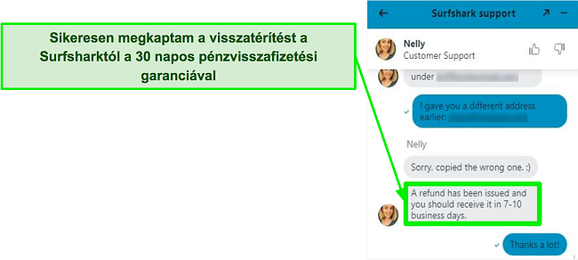 Képernyőkép a Surfshark élő csevegésről és egy visszatérítési kérelemről
