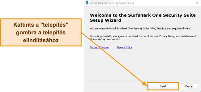 Képernyőkép a Surfshark telepítési folyamatáról a telepítővarázsló segítségével