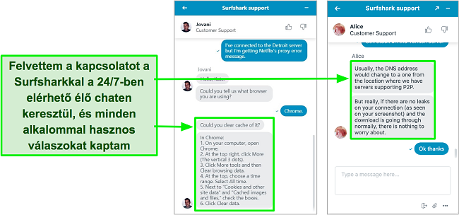 Képernyőkép a Surfshark éjjel-nappali élő chat funkciójáról, hibaelhárítási tanácsokkal a Netflix US-ről és a torrentezésről