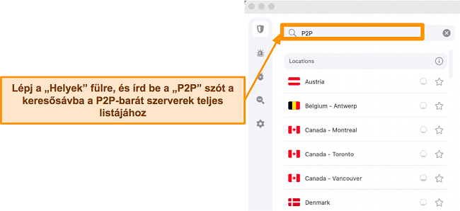 Képernyőkép a Surfshark P2P-kiszolgálóiról a Mac alkalmazásban