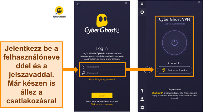 Képernyőkép a CyberGhost Windows alkalmazásáról, kiemelve a felhasználónév és jelszó szakaszt.