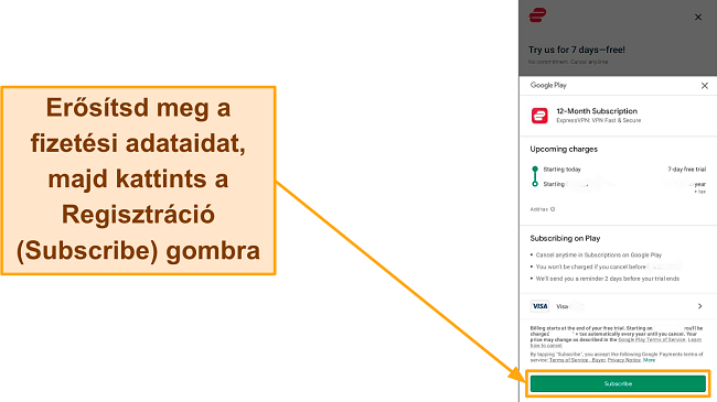 Képernyőkép a Google Playen történő regisztráció végleges megerősítéséről, a Feliratkozás gomb kiemelésével.