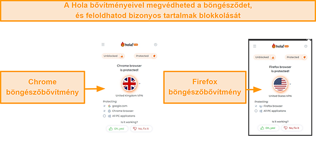 Pillanatkép a Hola VPN Chrome és Firefox böngészőbővítményeiről