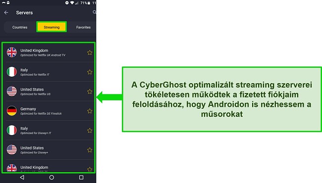 Képernyőkép a CyberGhost streaming szerver menüjéről Androidon