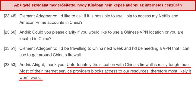 Képernyőkép az ügyfélszolgálat válaszáról a Hola VPN Kínában tapasztalható elégtelenségéről