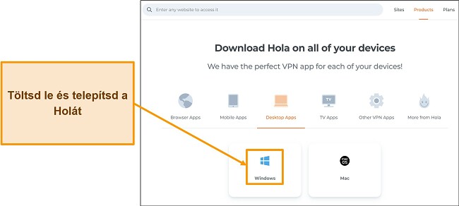 Képernyőkép a Hola VPN webhely alkalmazásletöltési szakaszáról