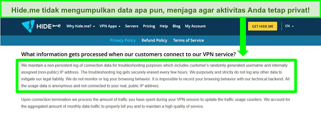 Tangkapan layar dari kebijakan privasi Hide.me menunjukkan tidak ada catatan data yang disimpan