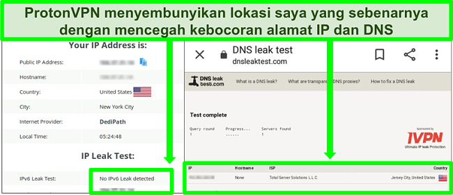 Tangkapan layar dari uji kebocoran DNS dan alamat IP yang menunjukkan tidak ada kebocoran alamat IP saat terhubung ke Proton VPN