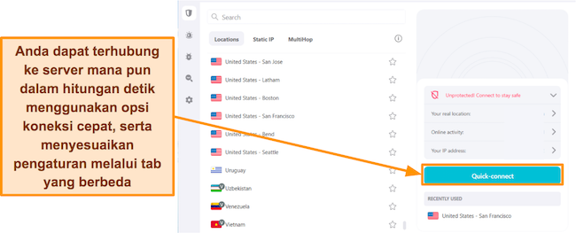 Tangkapan layar server dan antarmuka koneksi Surfshark