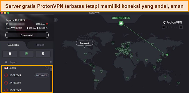 Tangkapan layar Proton VPN terhubung ke server gratis di Jepang.