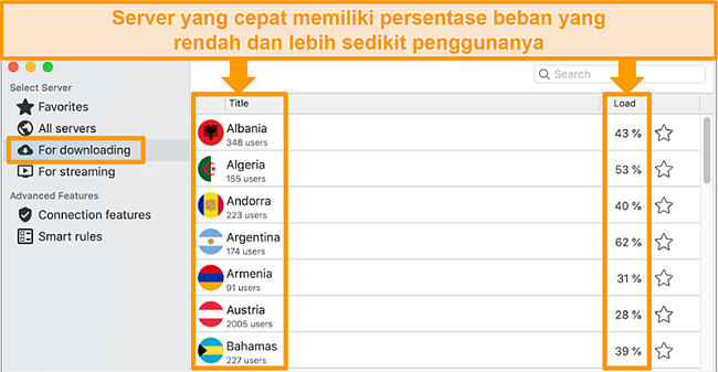 Tangkapan layar dari tab Pengunduhan di aplikasi CyberGhost untuk Mac