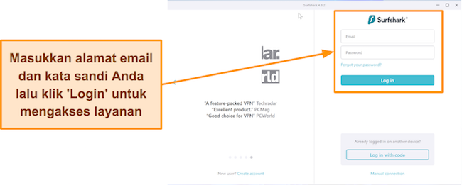 Tangkapan Layar Halaman Login Surfshark