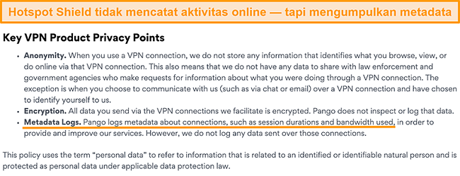 Tangkapan layar kebijakan privasi Hotspot Shields