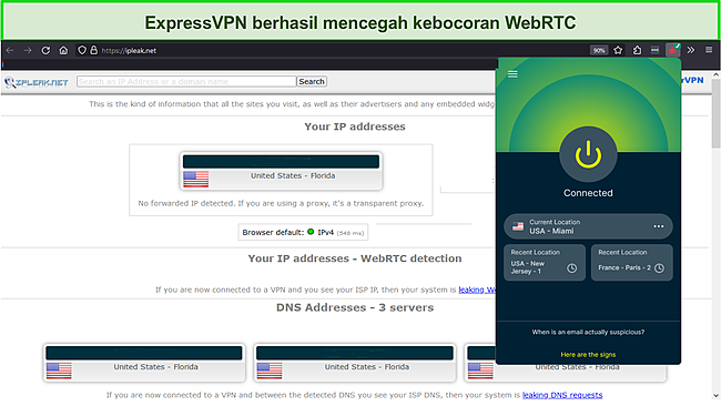 Hasil tes kecepatan dari tes kebocoran WebRTC untuk ExpressVPN.