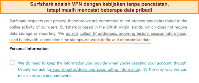 Tangkapan layar kebijakan privasi Surfshark