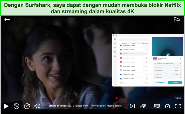 Tangkapan layar Stranger Things diputar di Netflix dengan Surfshark terhubung ke server AS