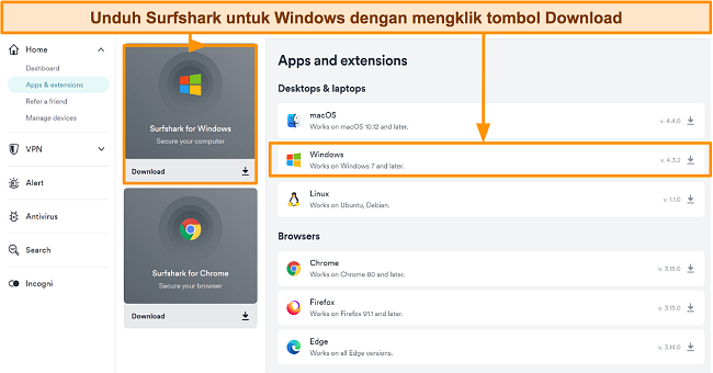 Cuplikan layar halaman unduhan Surfshark untuk perangkat yang kompatibel